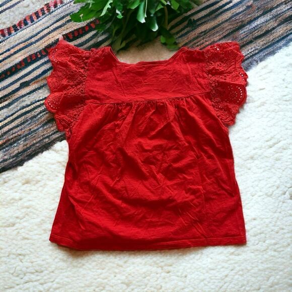 J.Crew Women Girls Eyelet Flutter-Sleeve Top with Pom-Pom Trim Orange Red Size S - Picture 2 of 7